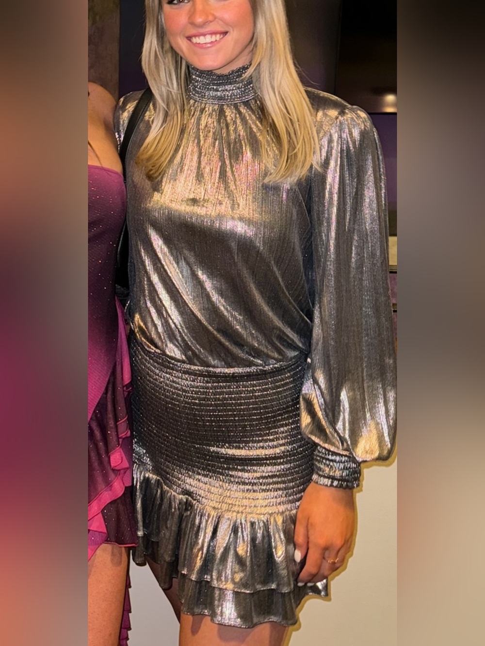 Retrofete Metallic Silver Long-Sleeve Evening Dress